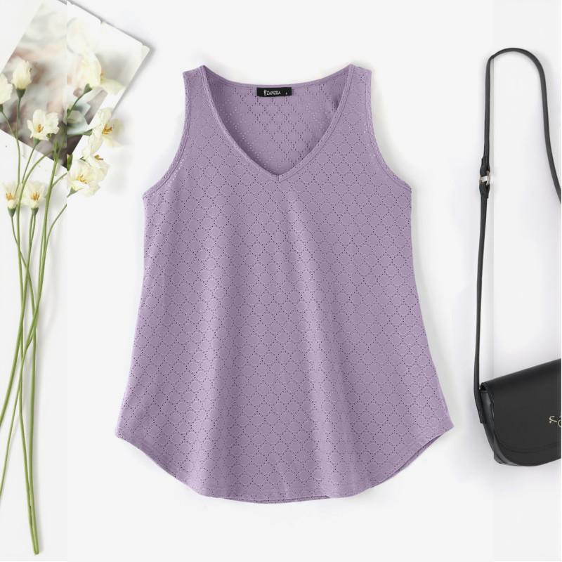 ZANZEA Women Summer V-Neck Sleeveless Solid Hollow Crochet Tank Tops