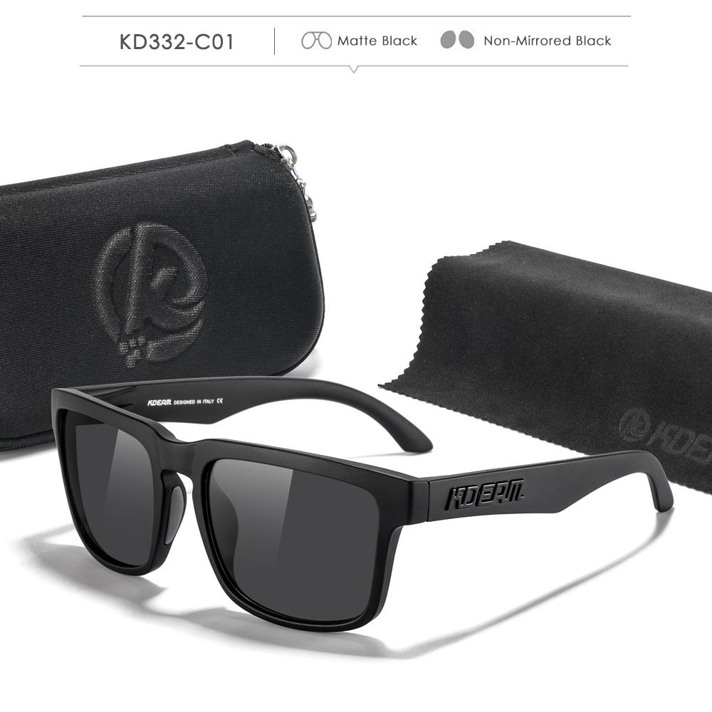 Lunettes de soleil polarisées style carré KDEAM pour hommes et femmes Taille moyenne Largeur totale 145 mm Lunettes de soleil d'extérieur avec étui zippé