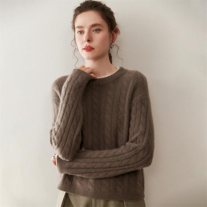 Elegant Women's Color-Block Cable Knit Cashmere Sweater, Round Neck Pullover, Autumn/Winter Style Base Layer Top
