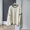New autumn and winter black and white contrasting color edge crew neck sweater, simple and versatile loose lazy style knitted sweater