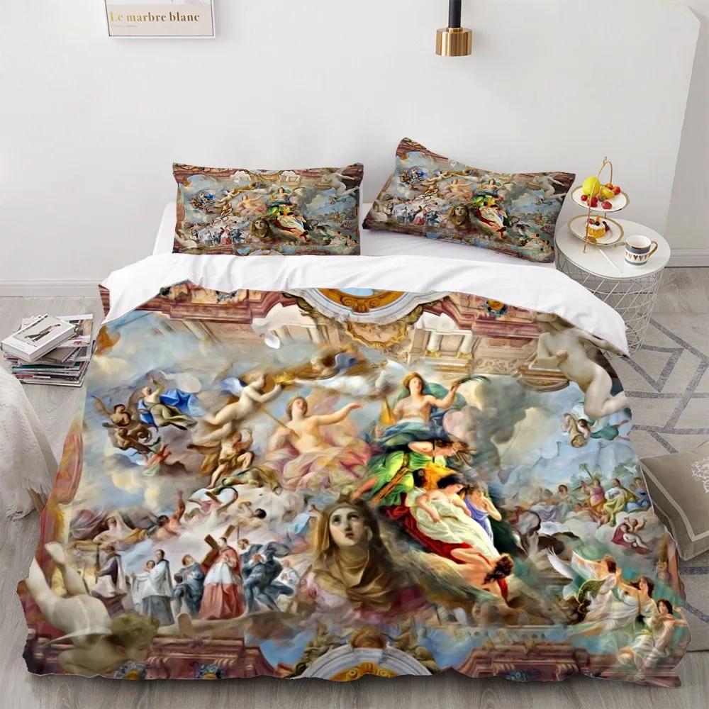 2/3 Pieces Angel Oil Painting Bedding Set Ancient Art Duvet Cover Cartoon Warm Bed Quilt Cover Kids Bedroom Bed Cover Set Green