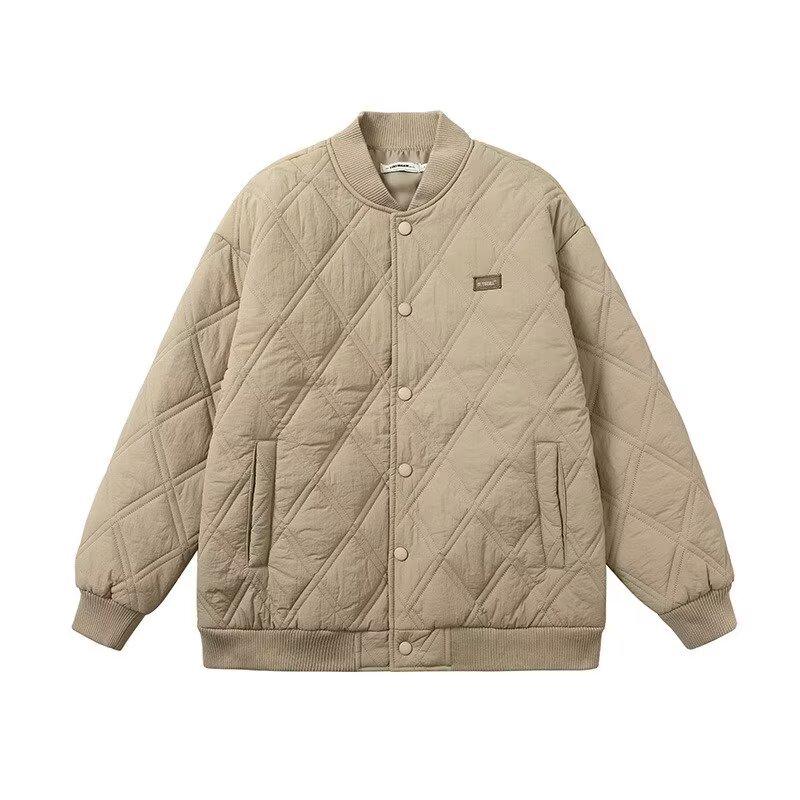 Unisex Retro Diamond Checkered Cotton Baseball Jacket - Thick, Warm, and Casual for Winter