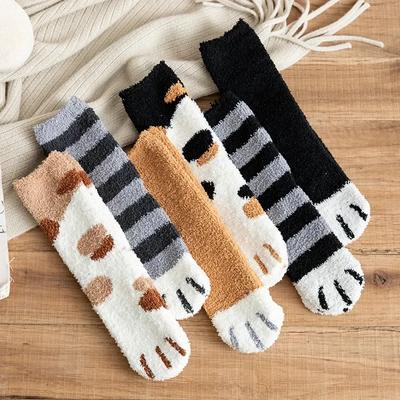 Plüsch Winter Niedlicher Stil Katzenpfote Cartoon Muster Damen Baumwollsocken Superweich für Damen Bleiben im Haus Schlafen Boden Socken