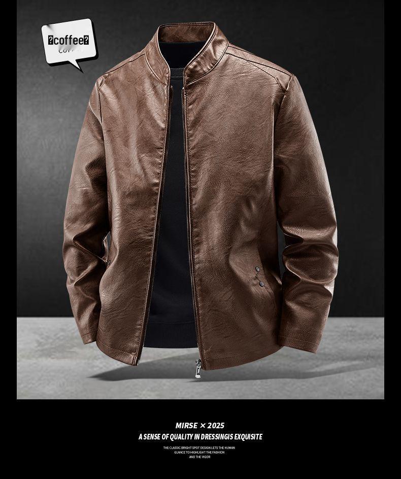 Men's Slim Fit Stand Collar Motorcycle Leather Jacket for Spring and Autumn