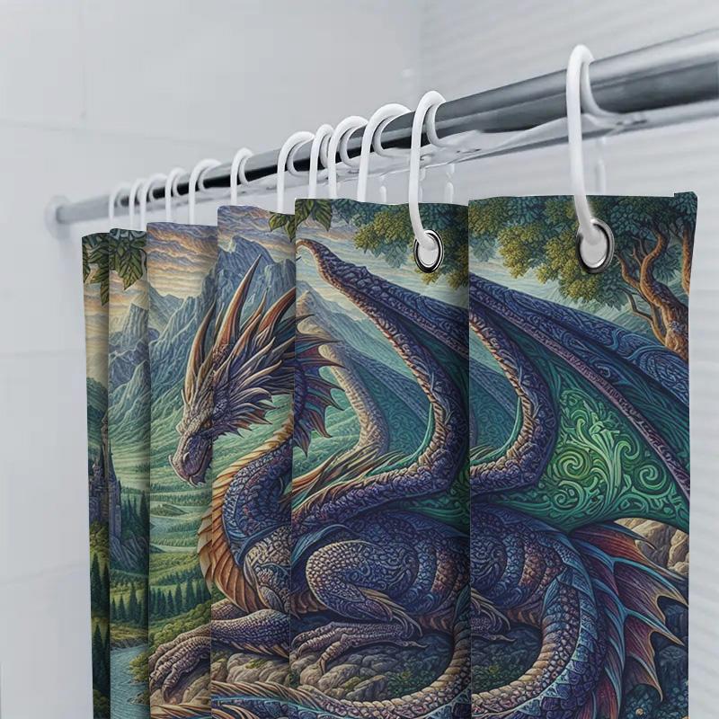 Fantasy Dragon Bath Mat Shower Curtain Set Medieval Castle Landscape with Greenery Blue Purple Red Floral Design Decor for Bathr