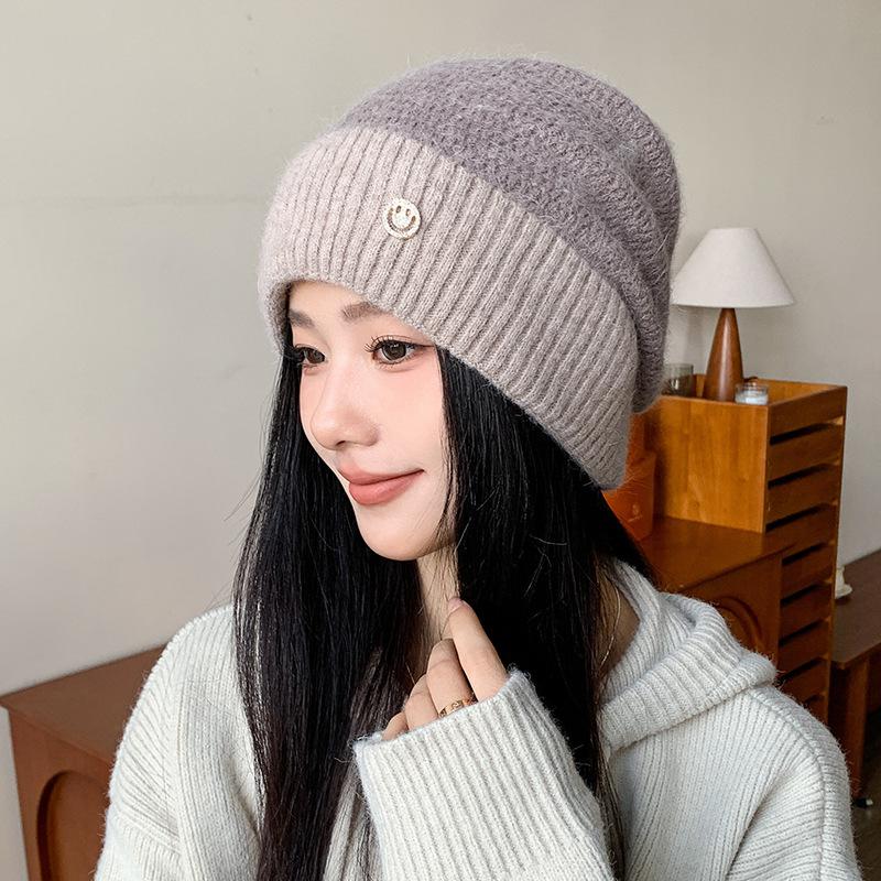 

Женская осенне-зимняя вязаная шапка со смайликом, универсальная модная шапка из шерсти в сочетающейся цветовой гамме, зимняя теплая ветрозащитная шапка от холода для велоспорта One Size хаки