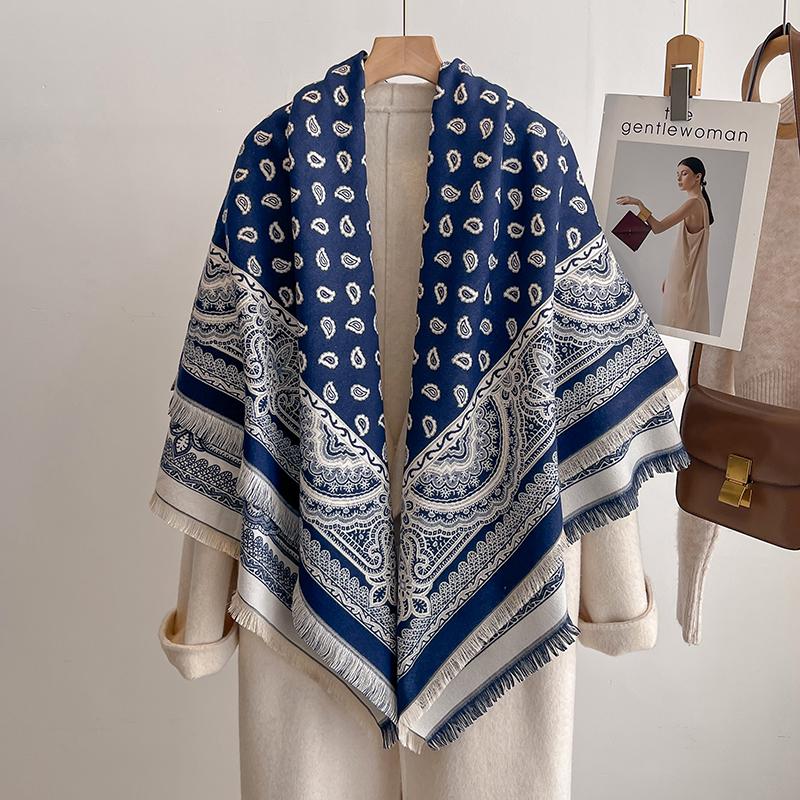 Women'S Fashion Faux Cashmere Winter Scarf Vintage Print With Tassels Thick Warm Pashmina Two-Sided Wrap Outdoor Shawls Foul