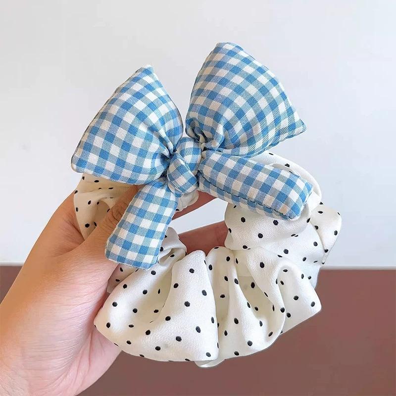 Girls Cotton Filled Bow Scrunchies Polka Dot Houndstooth Elastic Hair Rope Sweet Ball Head Hair Tie Daily Hair Accessories синий
