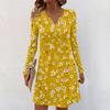 Women's Long-sleeved Casual Midi Dresses V-Neck Print  Casual Dress