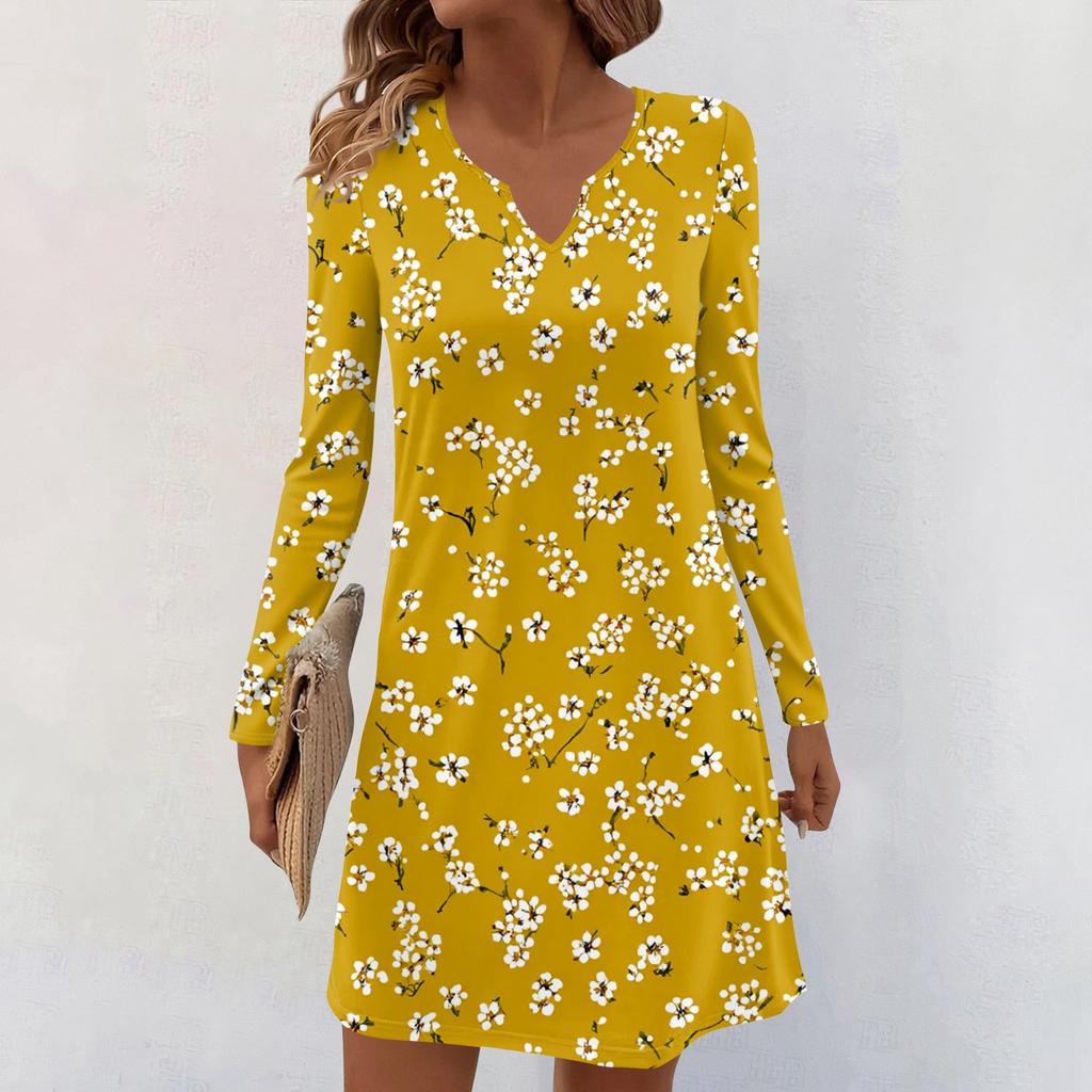 Women's Long-sleeved Casual Midi Dresses V-Neck Print  Casual Dress