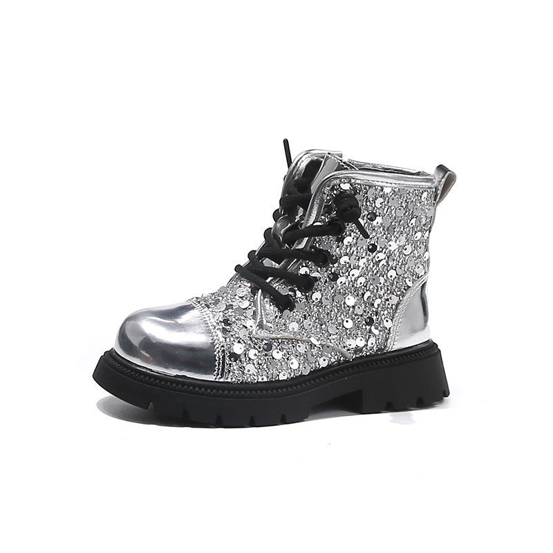

Girls Sequin Martin Boots - 2025 Winter Velvet-Lined Fashion Short Boots Size 28, inner length ~17.8cm срібний