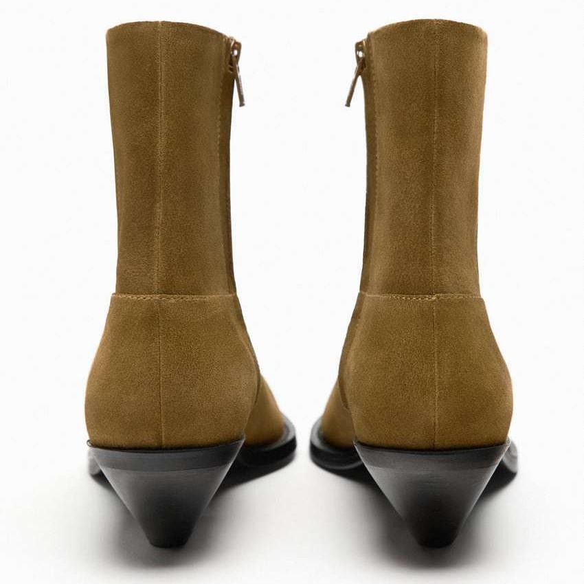 ZA2025 Women's Retro Cowhide Suede Chunky Heel Slip-On Ankle Boots with Round Toe & Wide Shaft
