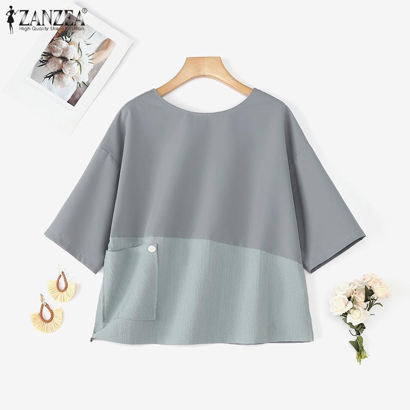 ZANZEA Women Casual Round Neck Loose Summer 3/4 Sleeve Blouse