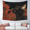 Schwarze Katze mit Gold-Linienzeichnung Wandteppich, Japanisches Wolkenmuster Wandbehang für Schlafzimmer Wohnzimmer Dekoration Wandteppich