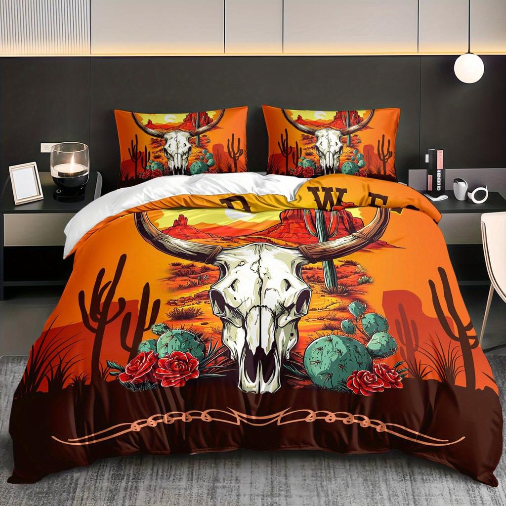 3Pcs Wild West Sunset Cactus Cow Skull Bedding Duvet Cover Set Wild West Themed Bed Quilt Set Western Style Bedroom Decor