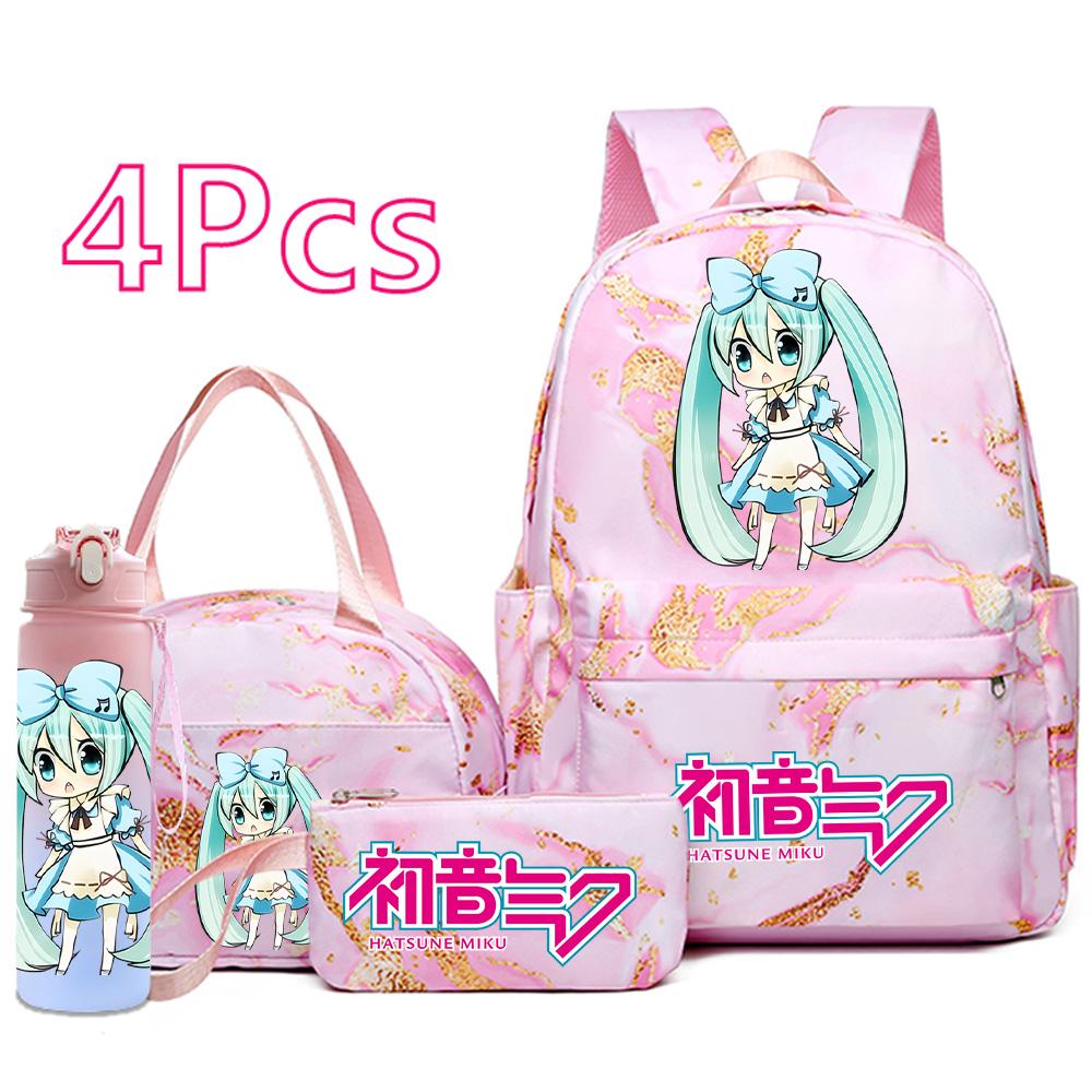 4 ks/sada Anime Hatsune Miku Potisk Batoh Kabelka Pouzdro na tužky 750ml Láhev na vodu pro Dospívajícího Chlapce Dívku Velkokapacitní Voděodolný Školní batoh Dárek