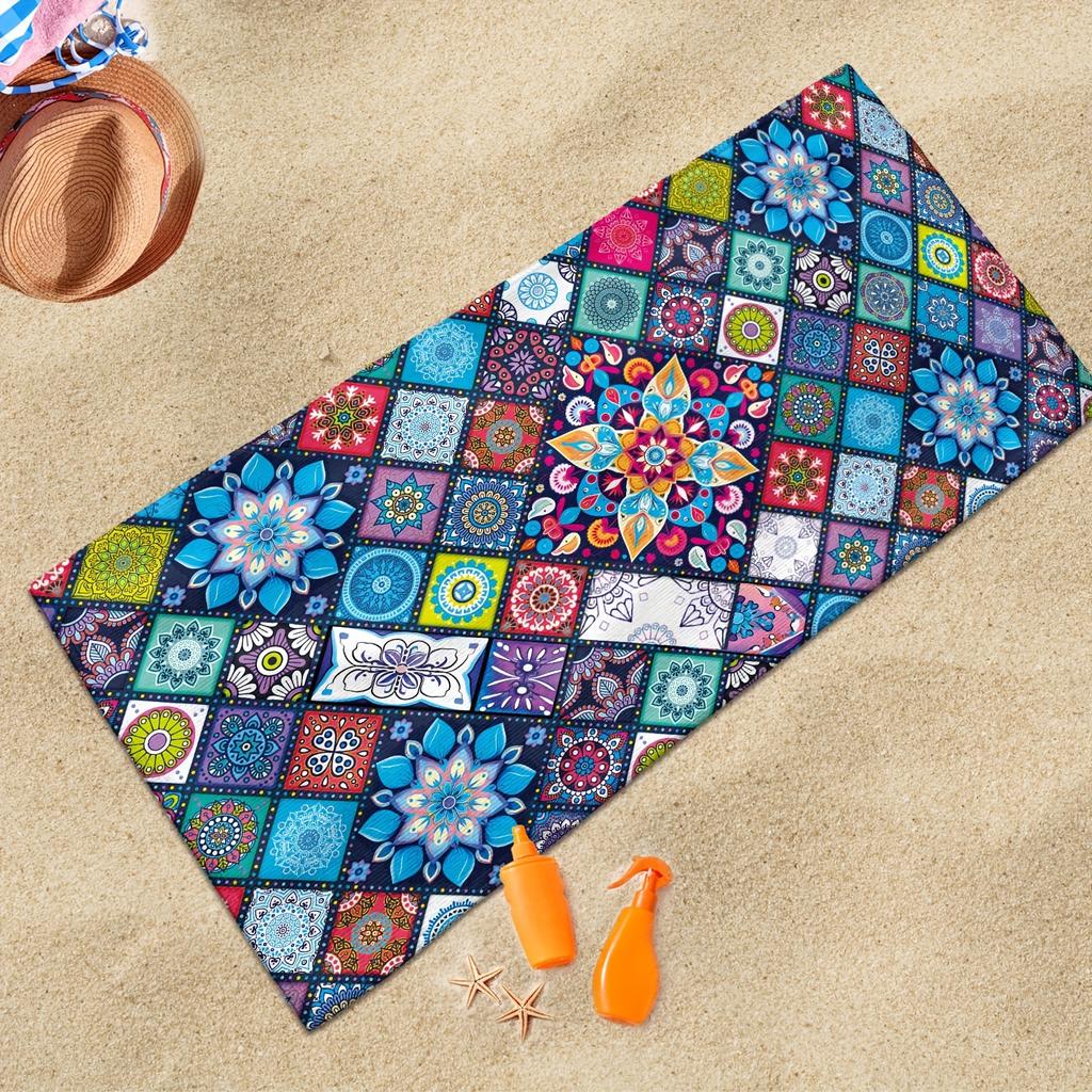 Colorful Mandala Pattern Beach Towel, Exotic Geometric Art Quick-Dry Sand-Free Microfiber Bath Towel for Yoga, Swim and Travel