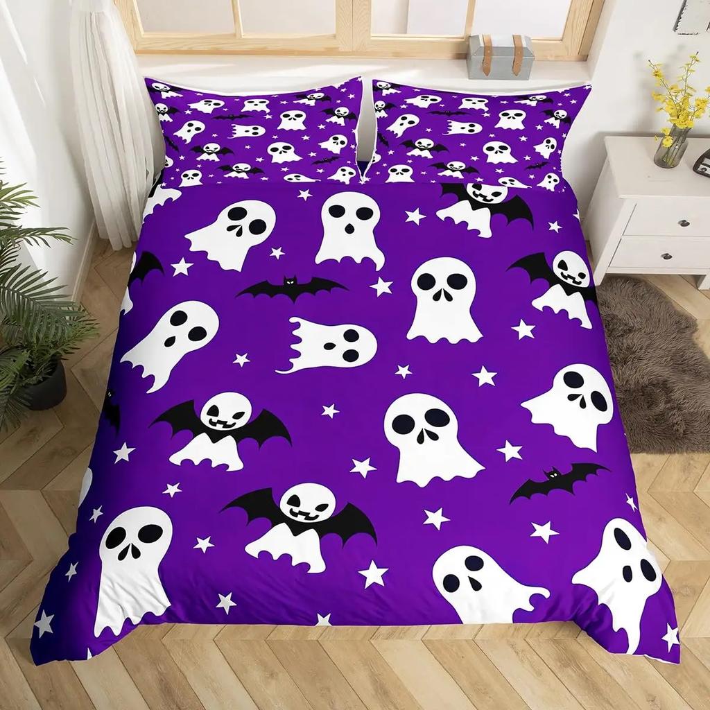 Spooky Dark Bats Duvet Cover Halloween Decoration Glitter Stars Moon Galaxy Bedding Set Cartoon Bat Gothic Comforter Cover Queen