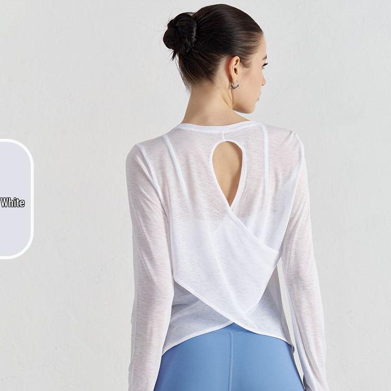 Women's Breathable Long Sleeve Yoga Top with Crossed Hem and Sun Protection