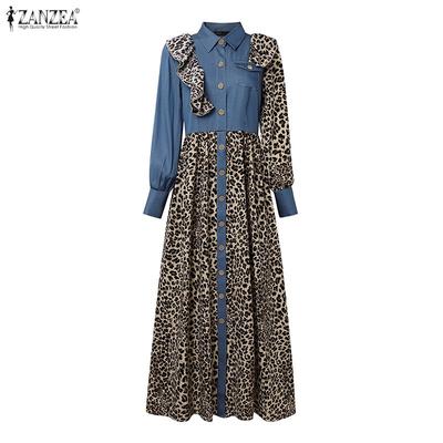 Autumn Women Casual Turn Down Collar Long Sleeve Leopard Print Long Dress