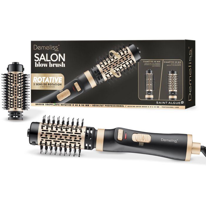 Rotating Blow-Drying Brush - SAINT ALGUE - Demeliss Salon Blow Brush - 1000 W - 2 Heads - 3 Temperatures - Black / Gold