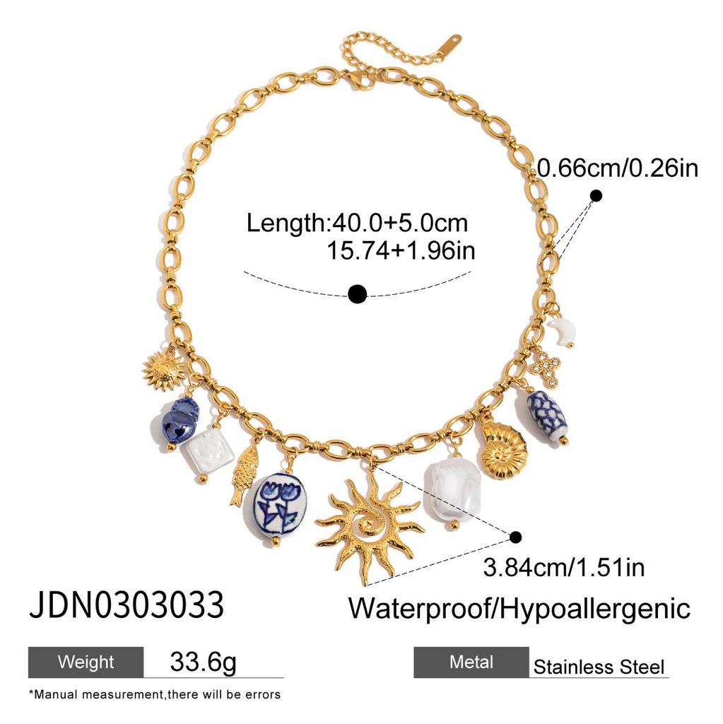 Youthway High Quality Minimalist Textured Sun Fish Conch Pearl Ceramics Charms Necklace For Women Stainless Steel Jewelry Party