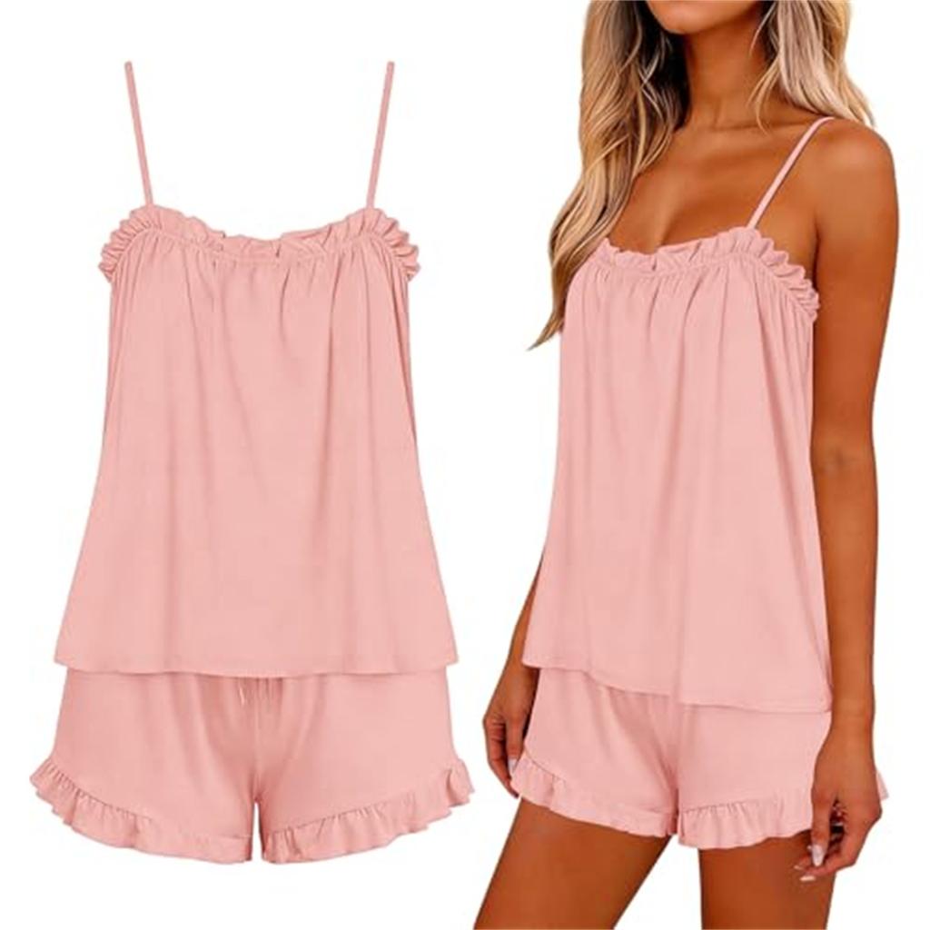 Women's Casual Two Piece Pajama Set Lightweight Sleeveless Top with Adjustable Straps and Elastic Waist Shorts Soft Lounge Sleepwear
