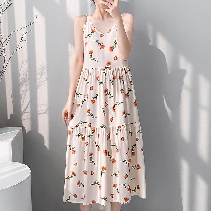 Printed women's cotton and silk nightgown large size sweet floral pajamas sleeveless loungewear summer thin can be worn outside