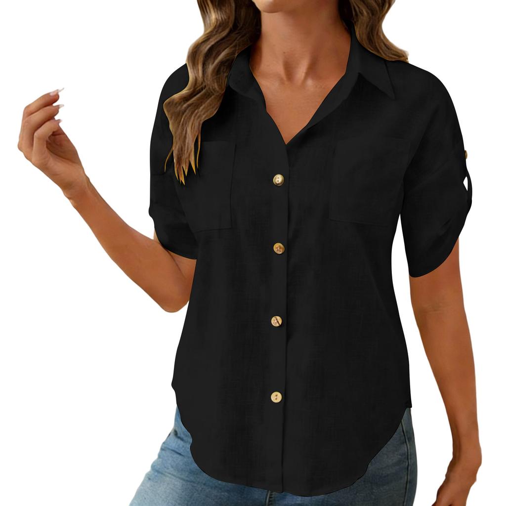 Women's Fashion Casual -Colour Short-Sleeved Buttoned Pocket Cardigan T-Shirt Top