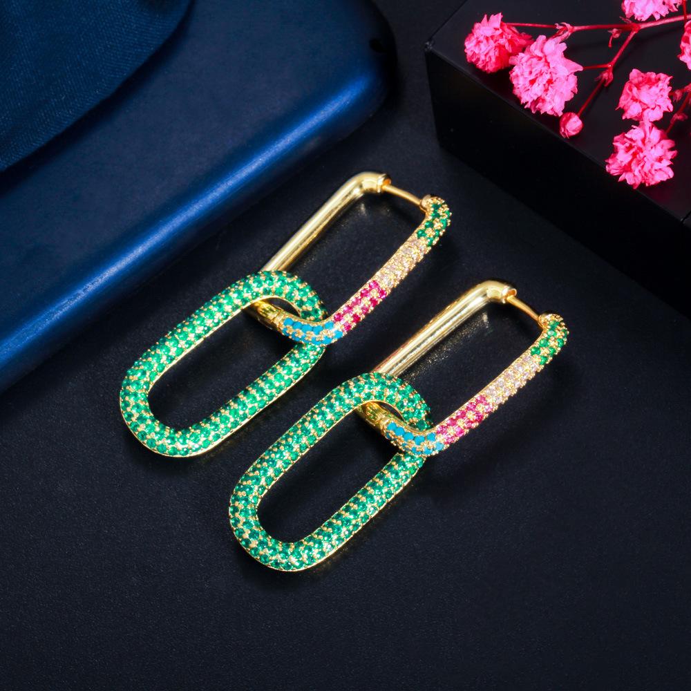 Popular Geometric Lock Small Earrings Colored Zircon Vintage Buckle Copper Plated 18K Gold Micro-Inlaid Zircon Earrings