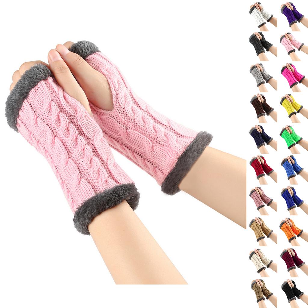 Women's Winter Warm Wool Gloves, Fingerless Twisted Knit Solid Color Short Style Gloves