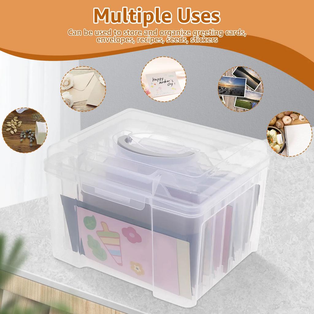 Greeting Card Storage Box Photo Organizer with 6 Removable Adjustable Dividers and Stickers for Photos Crafts Scrapbooking