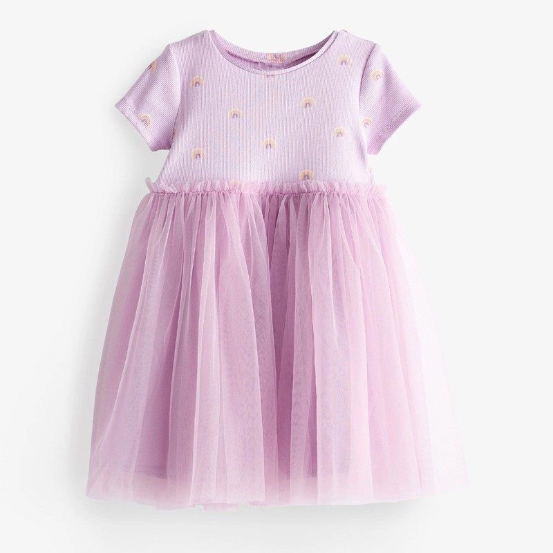 Girls Short-Sleeved Purple Princess Mesh Summer Dress Purple pink 2t/90 Size Recommended Height 85-90cm