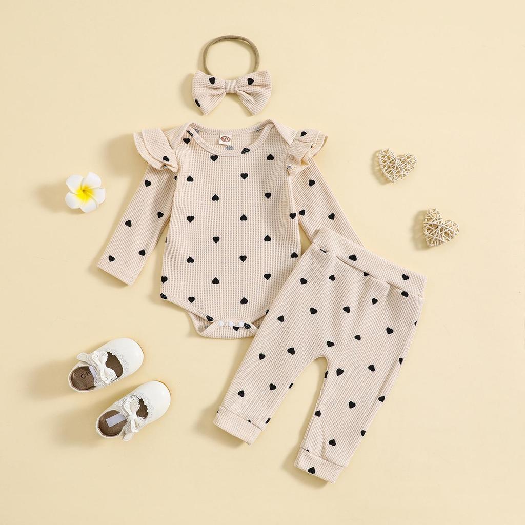 Girls' Heart Print Waffle Romper Set: Long Sleeve Romper, Long Pants & Headband.