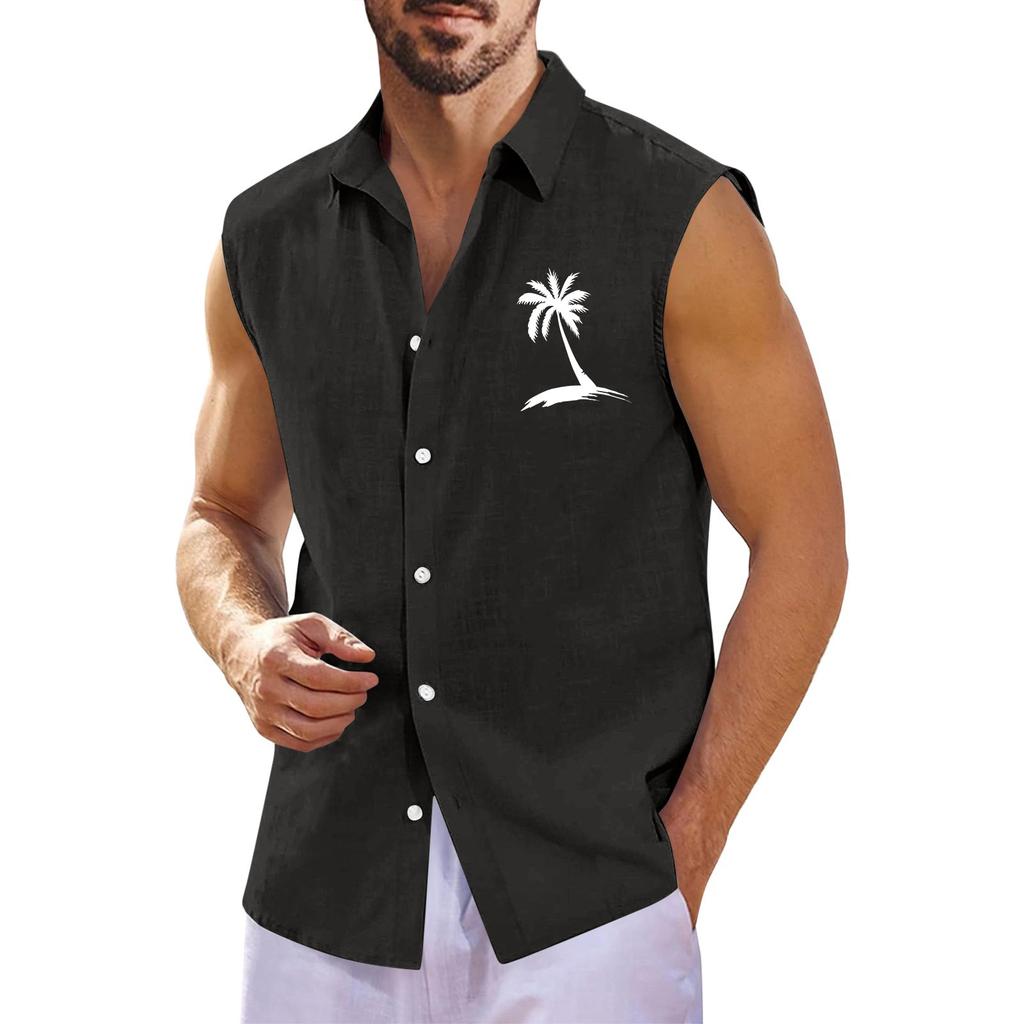 Men's Summer Hawaiian Print Sleeveless Shirt Men's Loose Lapel Sleeveless Button Shirt