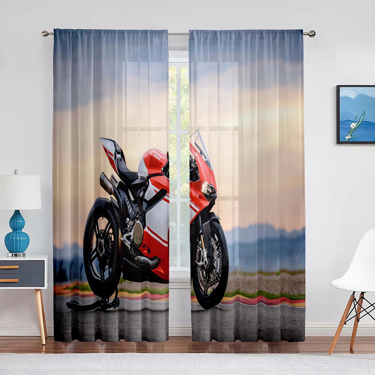 Groen Motorfiets Transparant Voile Gordijn Motorcross Sport Raam Tule Gordijnen voor Tieners Mannen Slaapkamer Woonkamer Keuken Decoratie 1 PCS W100XH250cm&Grommet Top