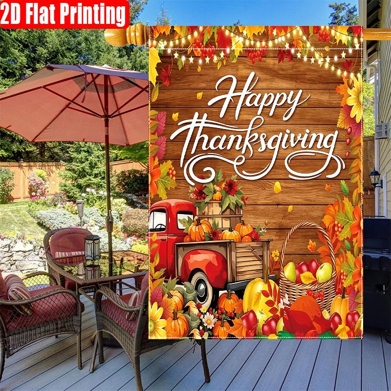 2D Flat, 2D Flat - 1pc Happy Thanksgiving with Red Truck And Pumpkins Print-Double Sided Garden Flag, Outdoor Decoration, Lawn, Flag Solely, , 2D Flat