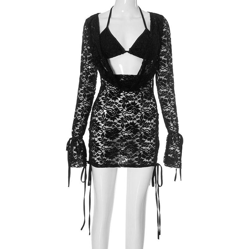 Fashion Women's New Pure Color Casual Lace Up Lace Long Sleeves Top Skirt Backless See-through Deep V Strap Suit