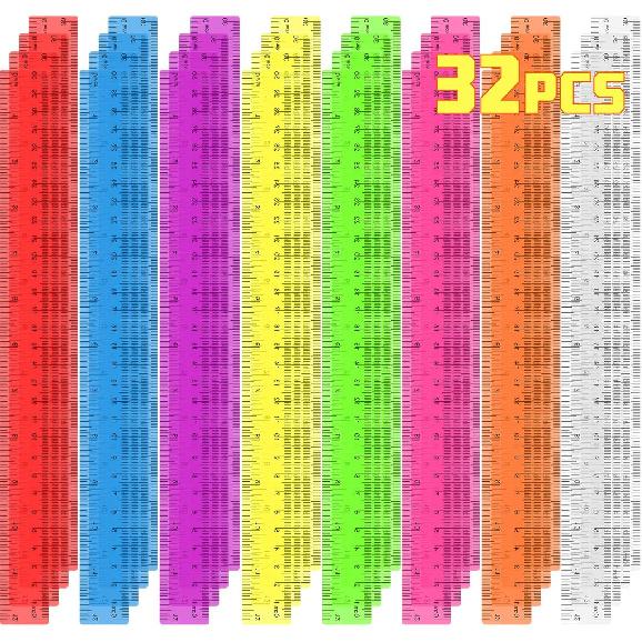 32 Pack Clear Plastic Ruler 12 Inch, Rulers Bulk for Classroom, Transparent Assorted Color Ruler with Centimeters and Inches, Metric Rulers for Kids, 32
