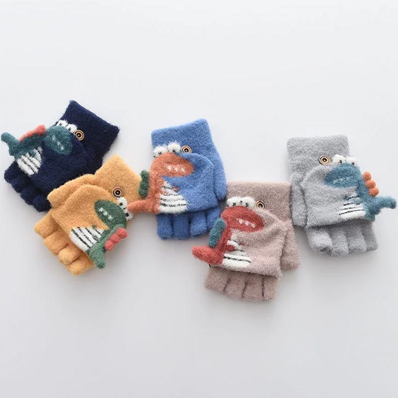 Winter Kids' Dinosaur Half-Finger Warm Gloves - Thick, Anti-Pilling, Cold Protection