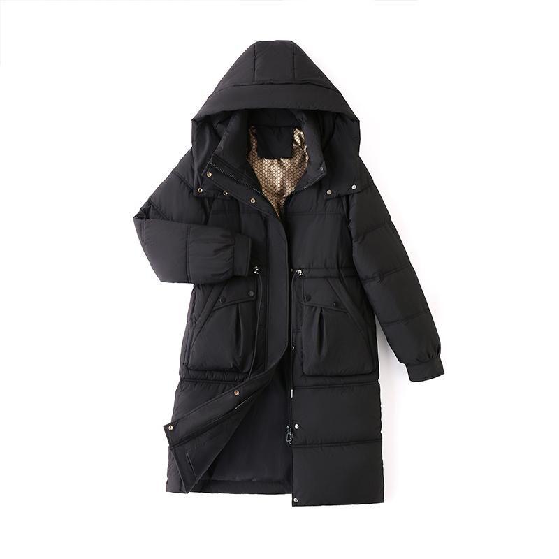 Casaco de Algodão de Pena Feminino Longo Inverno Espessado Acima do Joelho Solto com Capuz