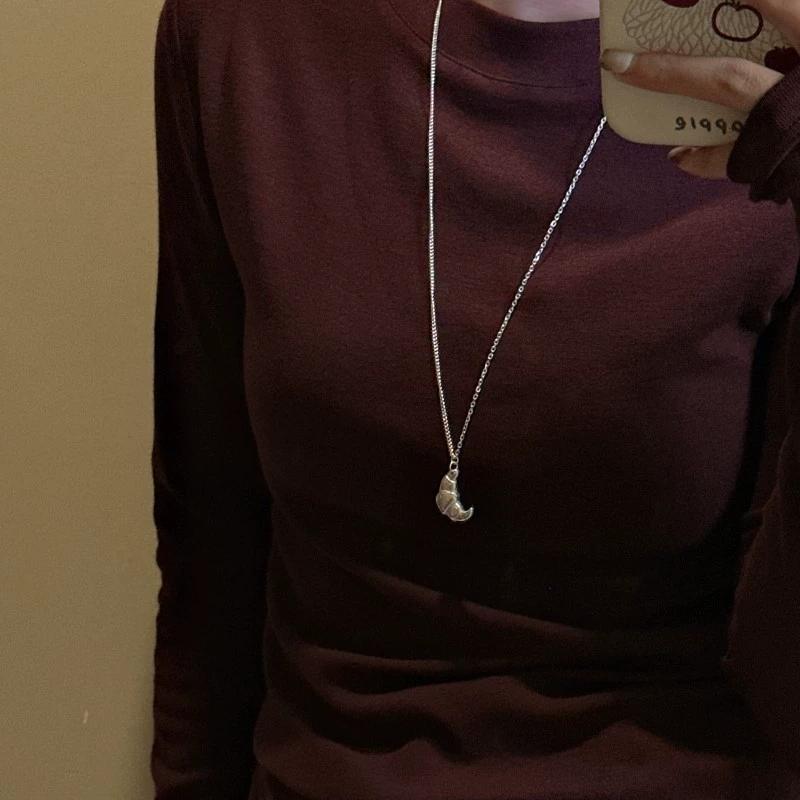 FY-40TL13 S925 Sterling Silver Korean Version Niche Design Textured Horn Bag Necklace Korean Style Long Sweater Chain