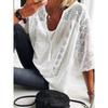 Women's V Neck Three Quarter Sleeve Loose Cotton Lace Patch Casual Blouse Top
