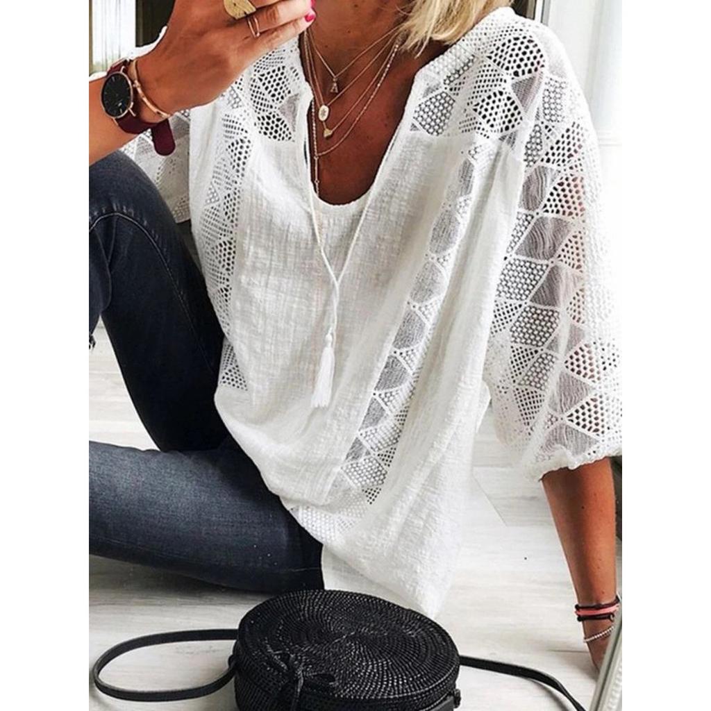 Women's V Neck Three Quarter Sleeve Loose Cotton Lace Patch Casual Blouse Top