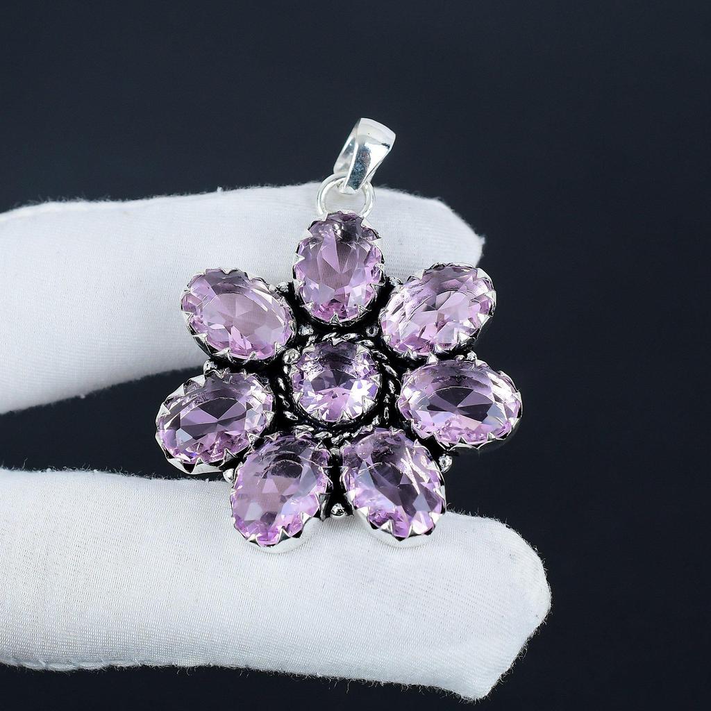 Pink Kunzite Gemstone Silver Flower Pendant In 925 Sterling Silver - Handmade Pear Design, Everyday Wear Jewelry Wadding Gift