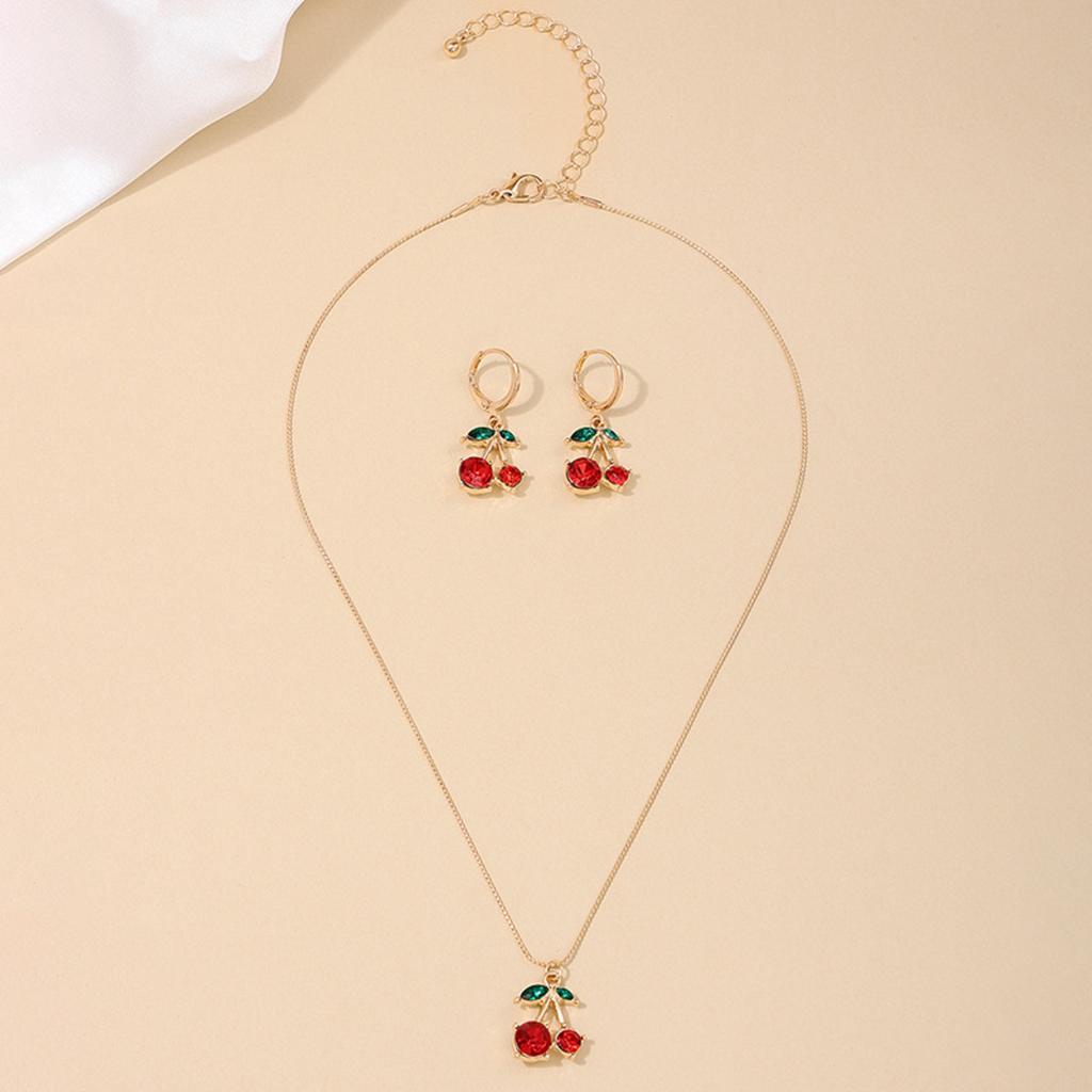 3PCS Cute Cherry Zircon Set Hypoallergenic Necklace and Eearrings Daily & Gift for Women