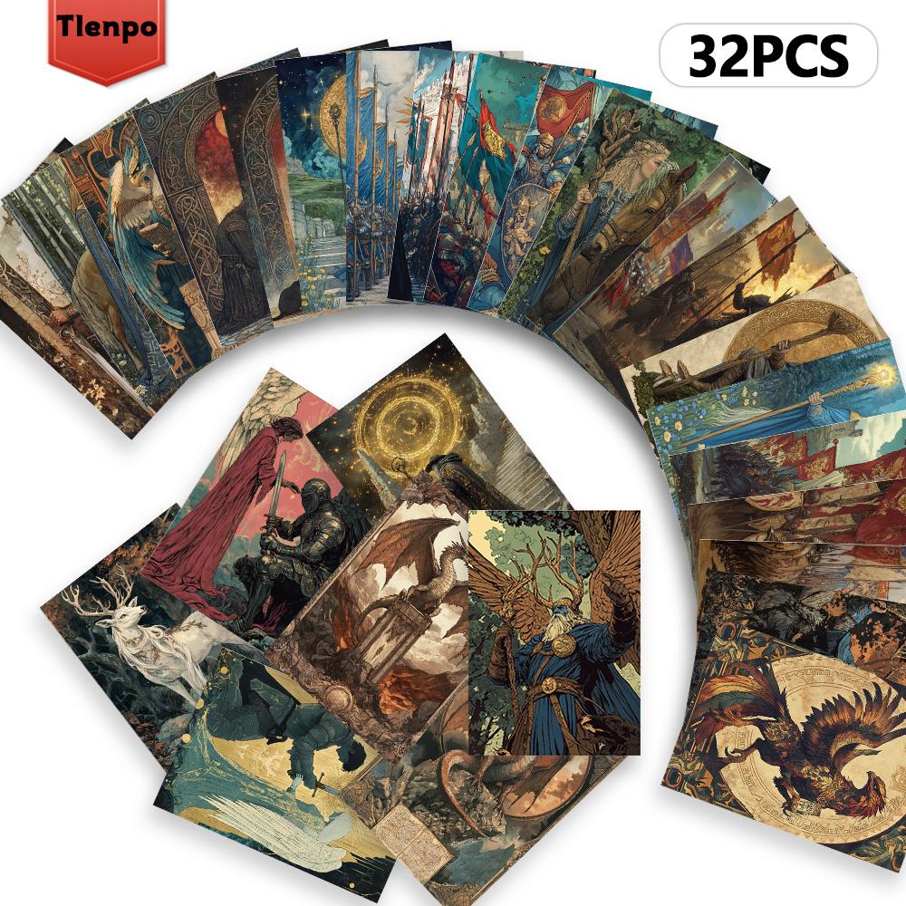32 szt., pocztówki w stylu vintage z smokami i rycerzami, idealne na prezenty urodzinowe/rocznicowe, odpowiednie do kolekcjonowania, wręczania i wysyłania