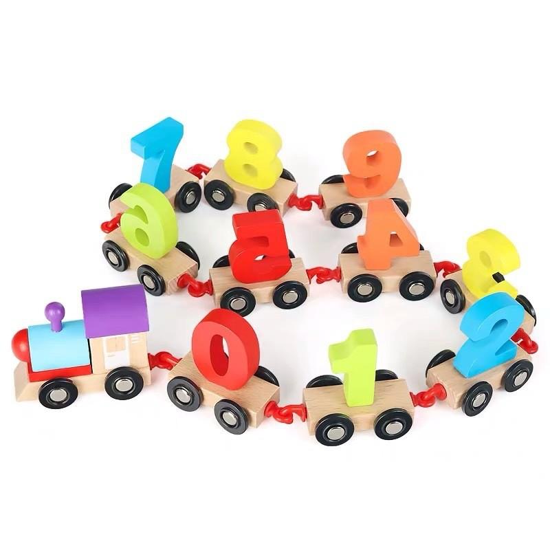 Pull Wooden Along Number Train Toy Kids Early Educational Counting Blocks