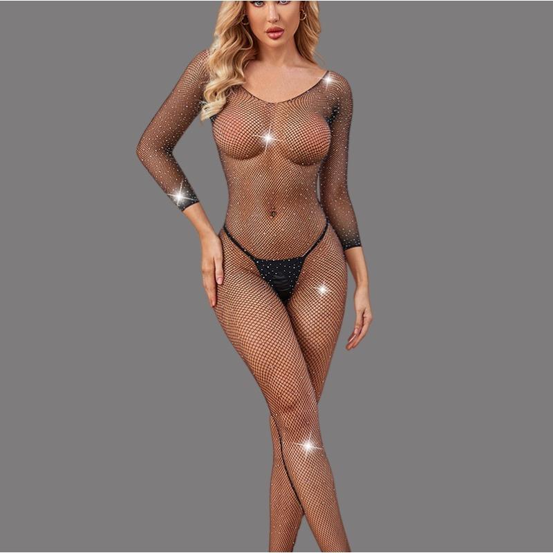 Women Rhinestone Fishnet Crotchless Bodystocking For Adult See Through Nightwear Men Erotic Ultra-Thin Mesh Transparent Teddies