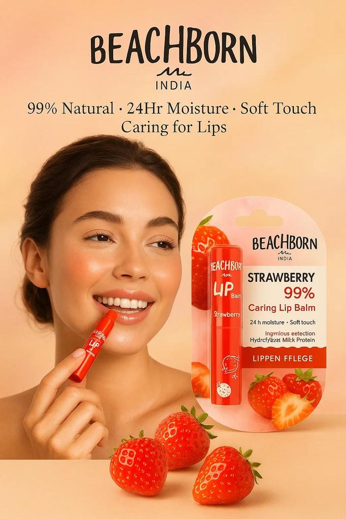 BEACHBORN India Strawberry+honey Lip Balm, 99% Natural Caring Formula with 24Hr Moisture, Hydrolyzed Milk Protein, Soft Touch Finish (Pack Of 2)